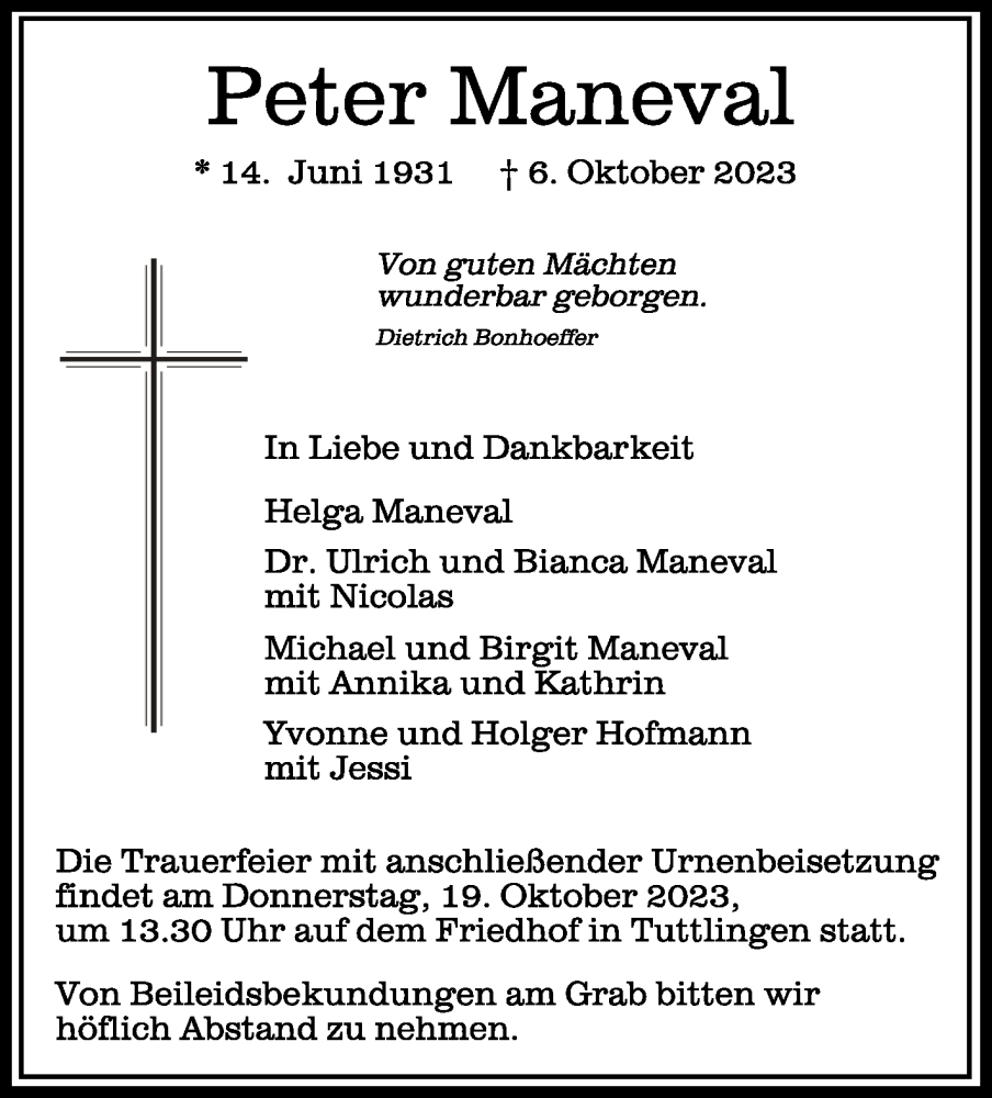  Traueranzeige für Peter Maneval vom 12.10.2023 aus Schwäbische Zeitung