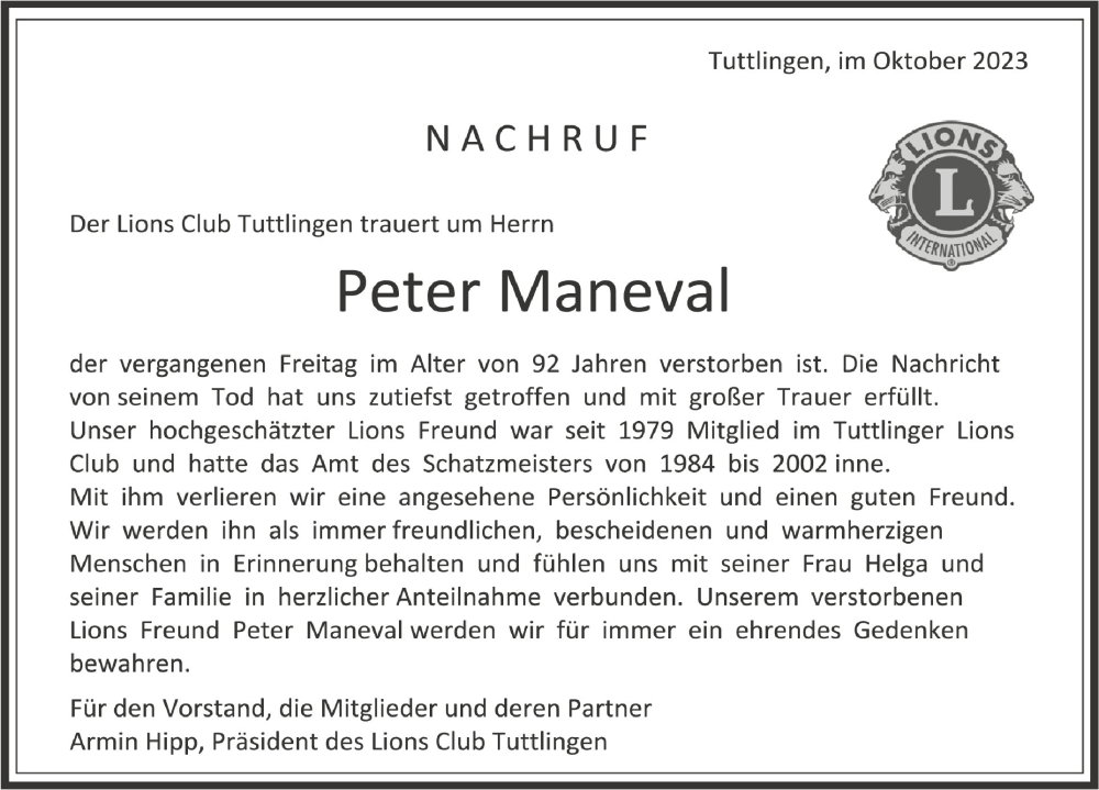  Traueranzeige für Peter Maneval vom 12.10.2023 aus Schwäbische Zeitung