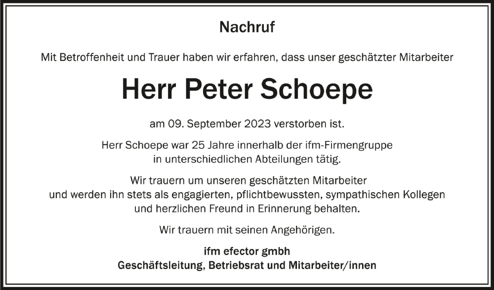  Traueranzeige für Peter Schoepe vom 05.10.2023 aus Schwäbische Zeitung
