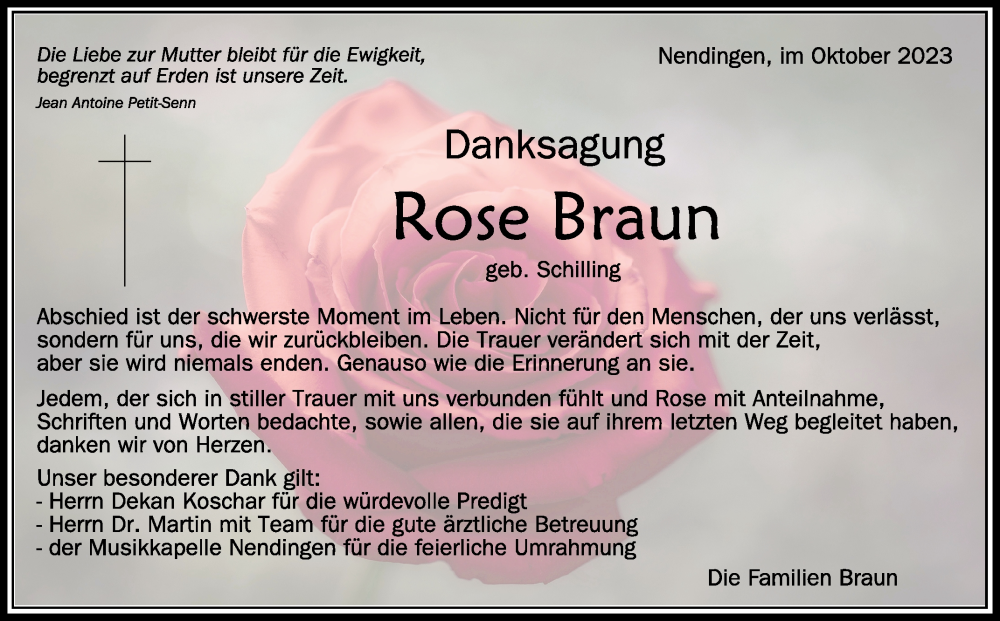  Traueranzeige für Rose Braun vom 05.10.2023 aus Schwäbische Zeitung