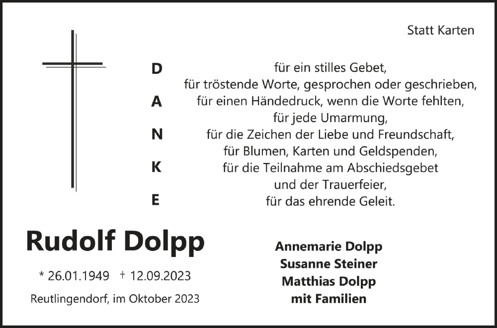  Traueranzeige für Rudolf Dolpp vom 07.10.2023 aus Schwäbische Zeitung