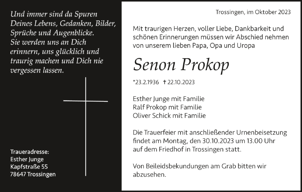  Traueranzeige für Senon Prokop vom 26.10.2023 aus Schwäbische Zeitung
