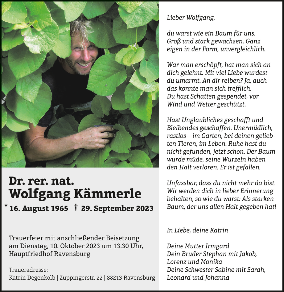 Traueranzeige für Wolfgang Kämmerle vom 07.10.2023 aus Schwäbische Zeitung