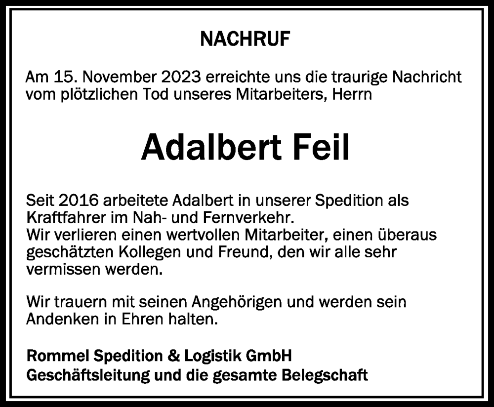  Traueranzeige für Adalbert Feil vom 21.11.2023 aus Schwäbische Zeitung
