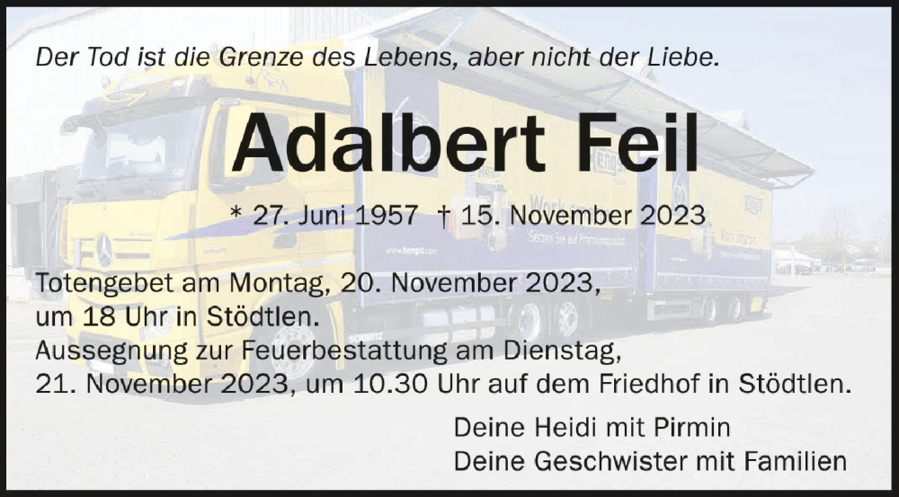  Traueranzeige für Adalbert Feil vom 18.11.2023 aus Schwäbische Zeitung