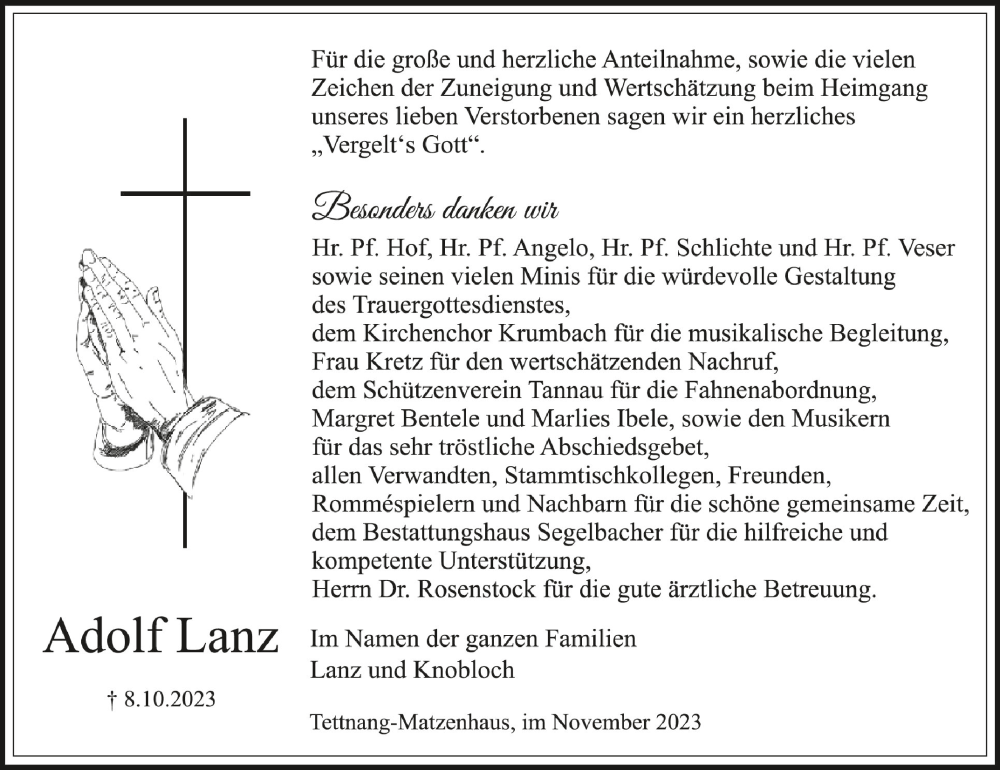  Traueranzeige für Adolf Lanz vom 11.11.2023 aus Schwäbische Zeitung