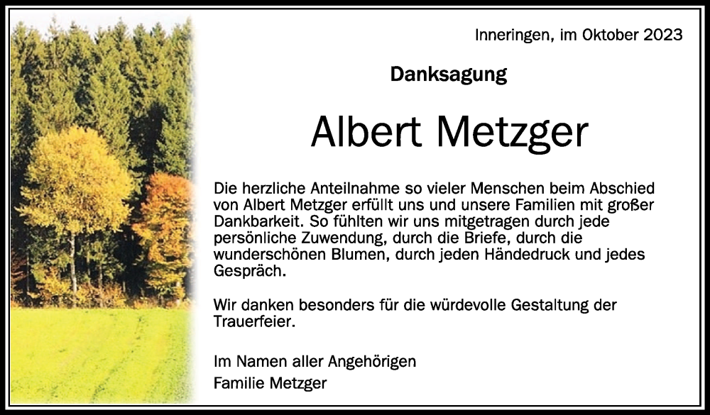  Traueranzeige für Albert Metzger vom 04.11.2023 aus Schwäbische Zeitung