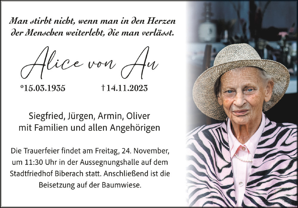  Traueranzeige für Alice von Au vom 18.11.2023 aus Schwäbische Zeitung