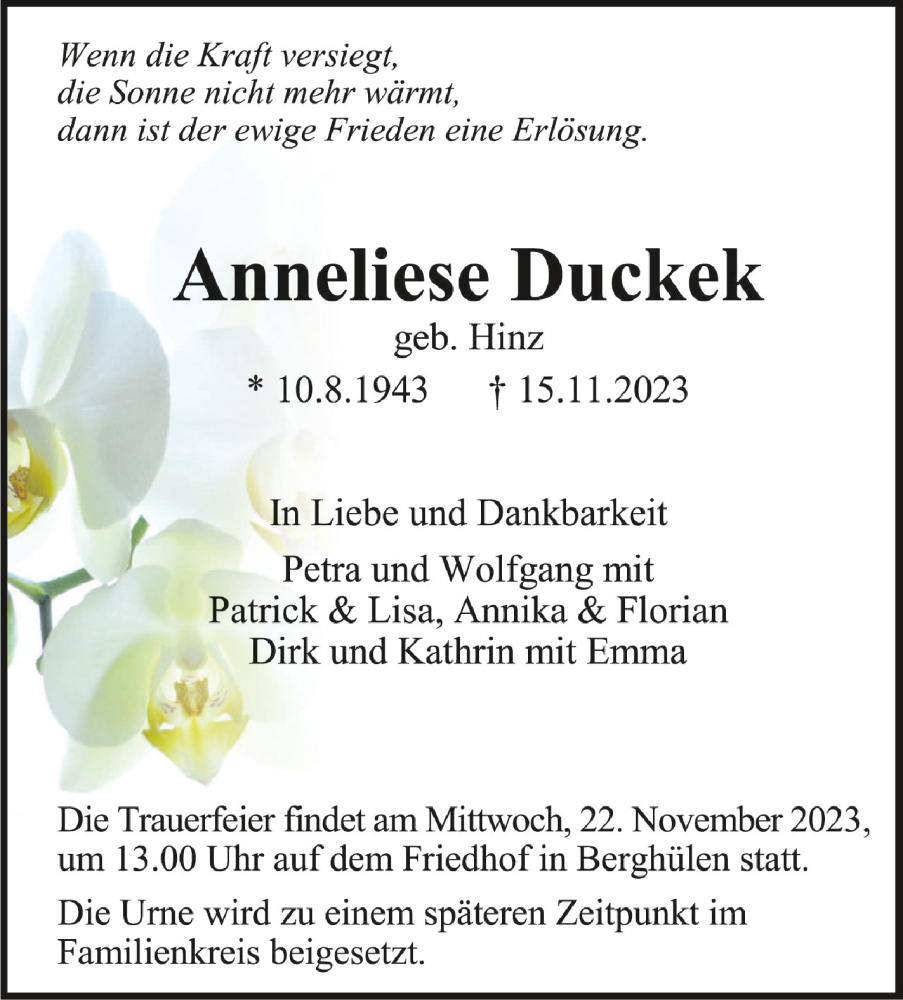  Traueranzeige für Anneliese Duckek vom 20.11.2023 aus Schwäbische Zeitung