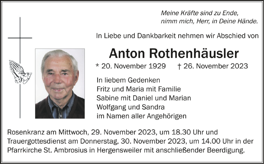  Traueranzeige für Anton Rothenhäusler vom 28.11.2023 aus Schwäbische Zeitung