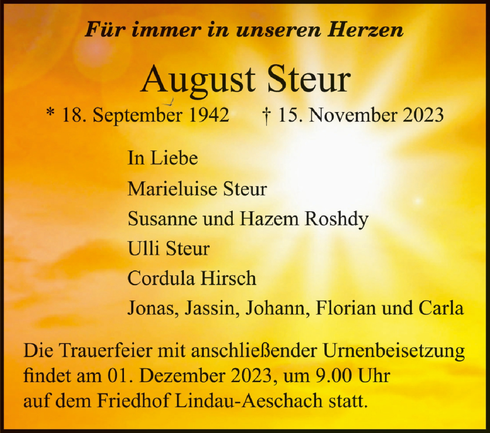  Traueranzeige für August Steur vom 25.11.2023 aus Schwäbische Zeitung
