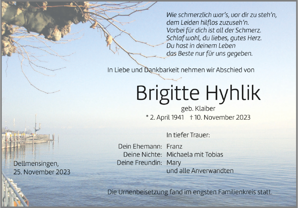  Traueranzeige für Brigitte Hyhlik vom 25.11.2023 aus Schwäbische Zeitung