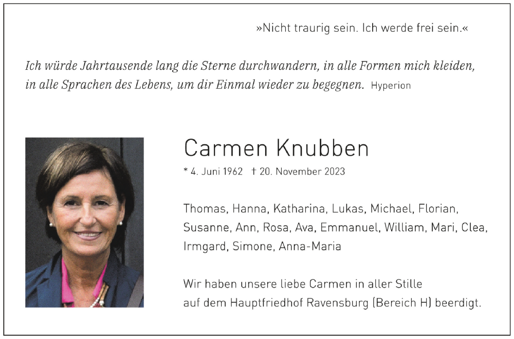  Traueranzeige für Carmen Knubben vom 29.11.2023 aus Schwäbische Zeitung