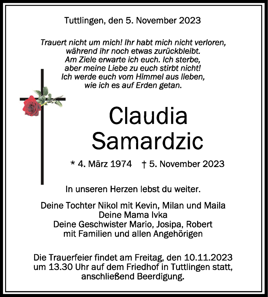  Traueranzeige für Claudia Samardzic vom 08.11.2023 aus Schwäbische Zeitung