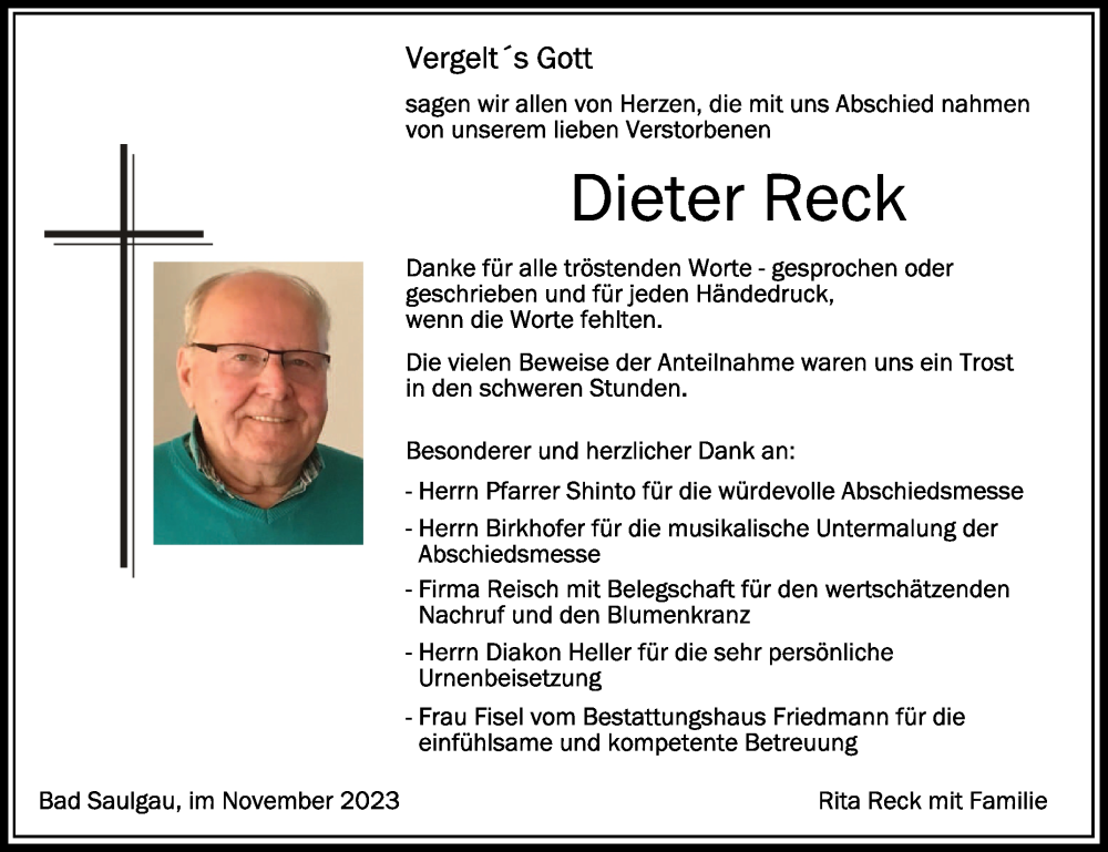  Traueranzeige für Dieter Reck vom 18.11.2023 aus Schwäbische Zeitung
