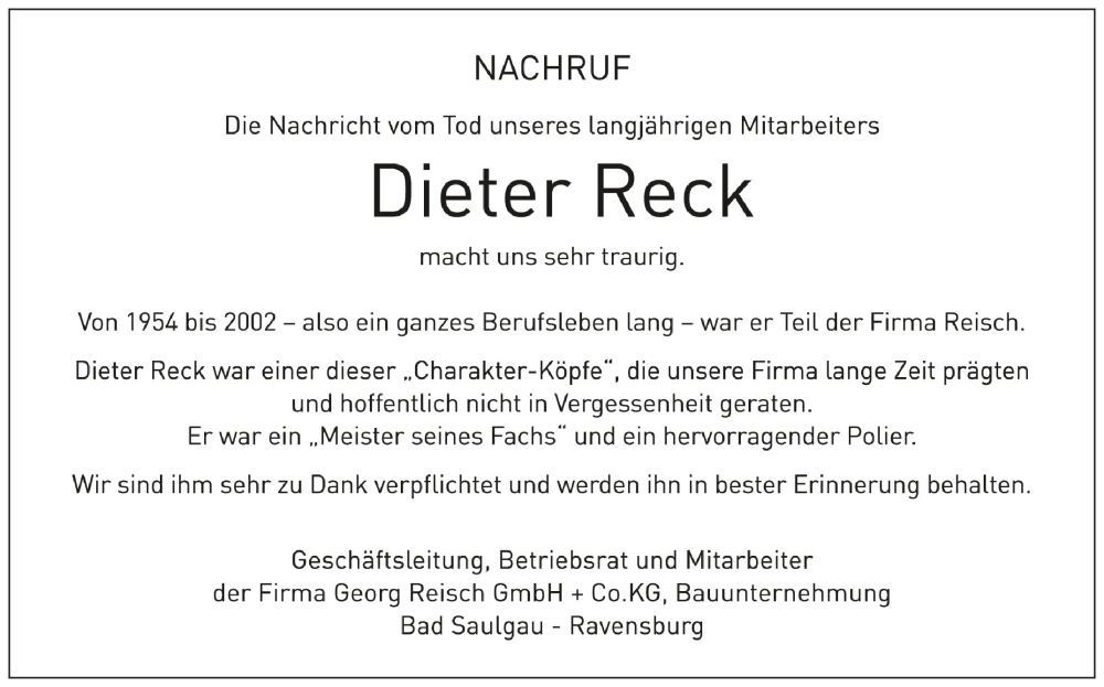  Traueranzeige für Dieter Reck vom 02.11.2023 aus Schwäbische Zeitung