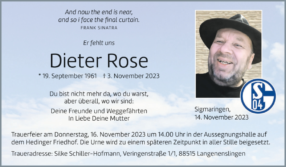  Traueranzeige für Dieter Rose vom 14.11.2023 aus Schwäbische Zeitung