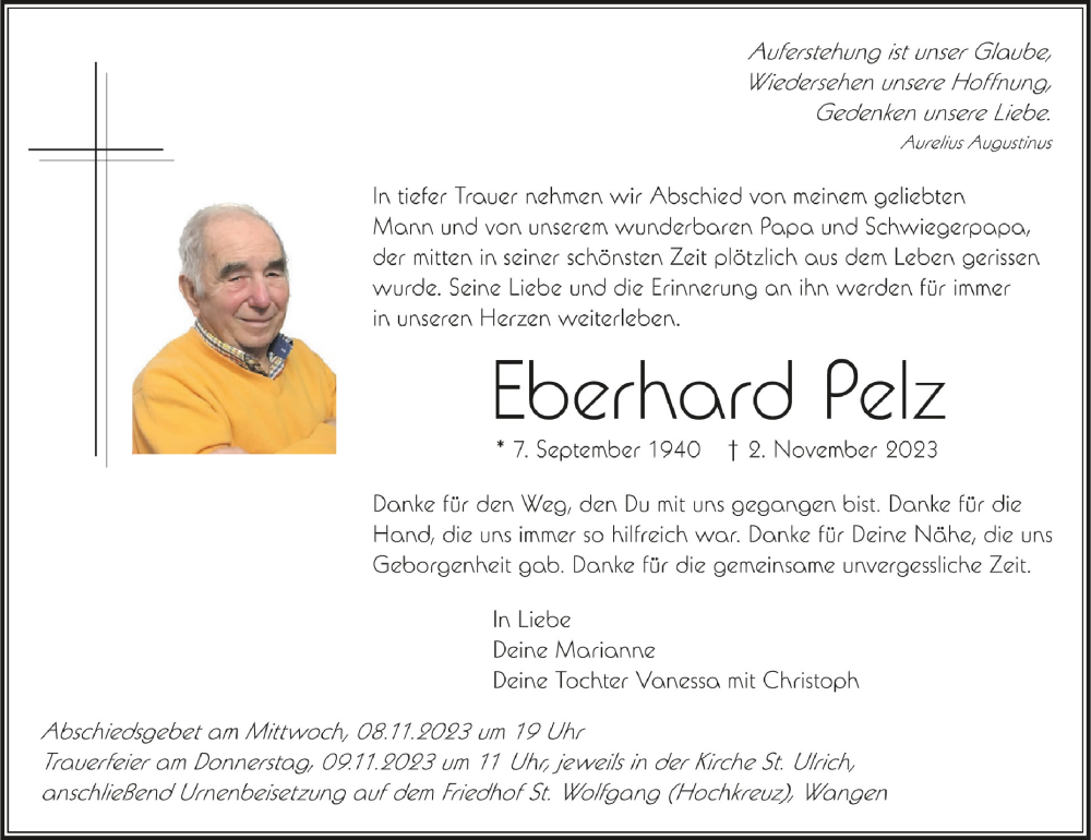  Traueranzeige für Eberhard Pelz vom 07.11.2023 aus Schwäbische Zeitung