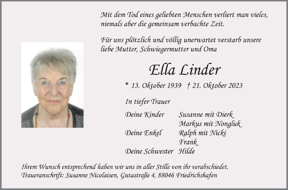  Traueranzeige für Ella Linder vom 11.11.2023 aus Schwäbische Zeitung