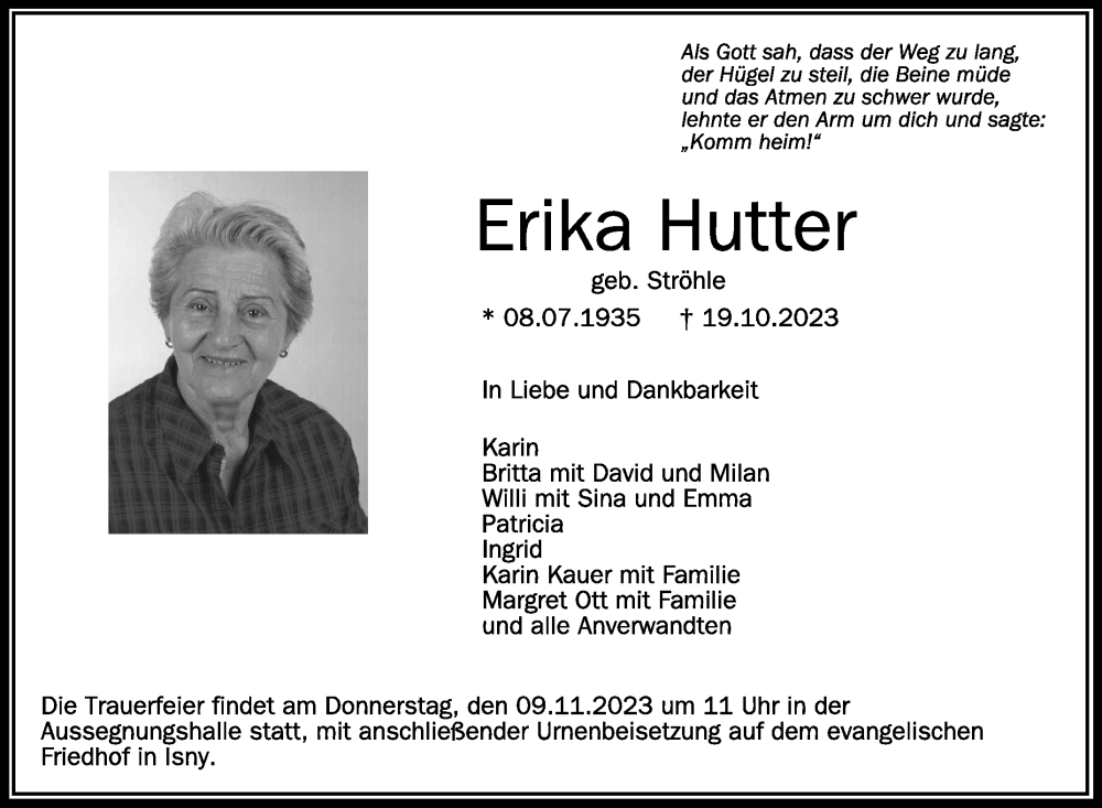  Traueranzeige für Erika Hutter vom 07.11.2023 aus Schwäbische Zeitung