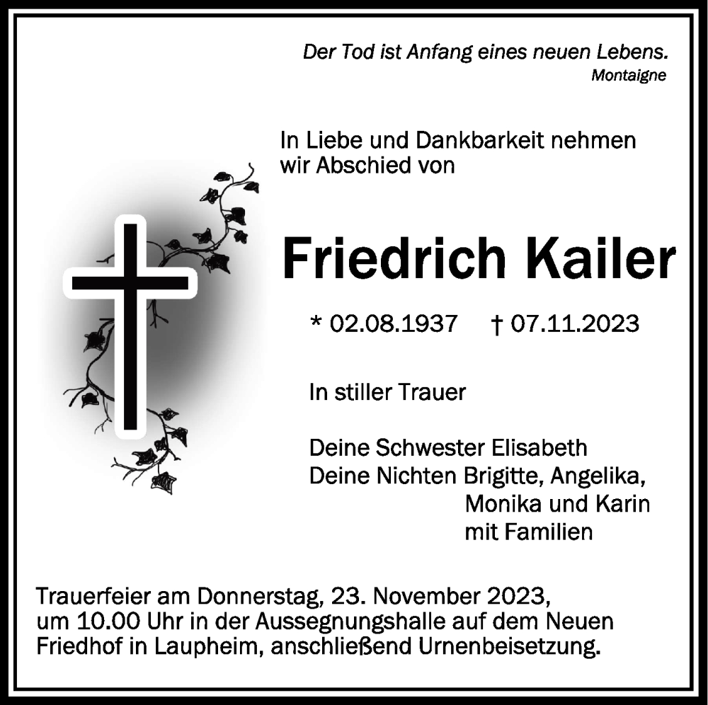  Traueranzeige für Friedrich Kailer vom 22.11.2023 aus Schwäbische Zeitung