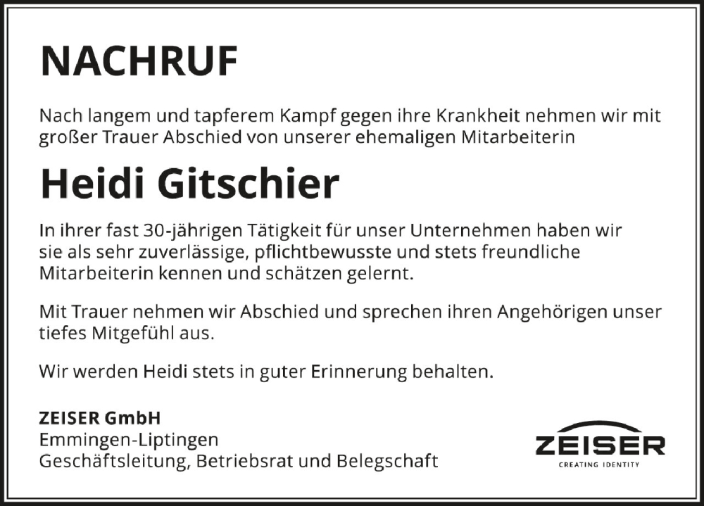  Traueranzeige für Heidi Gitschier vom 08.11.2023 aus Schwäbische Zeitung