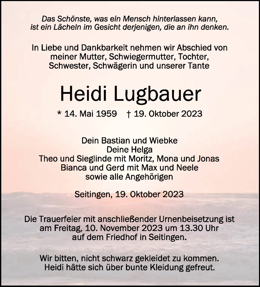  Traueranzeige für Heidi Lugbauer vom 07.11.2023 aus Schwäbische Zeitung