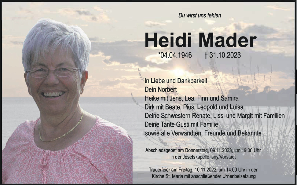  Traueranzeige für Heidi Mader vom 07.11.2023 aus Schwäbische Zeitung