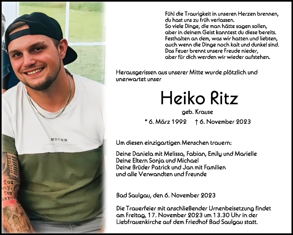  Traueranzeige für Heiko Ritz vom 11.11.2023 aus Schwäbische Zeitung