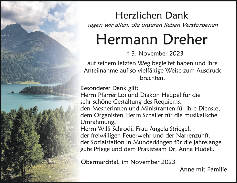  Traueranzeige für Hermann Dreher vom 25.11.2023 aus Schwäbische Zeitung