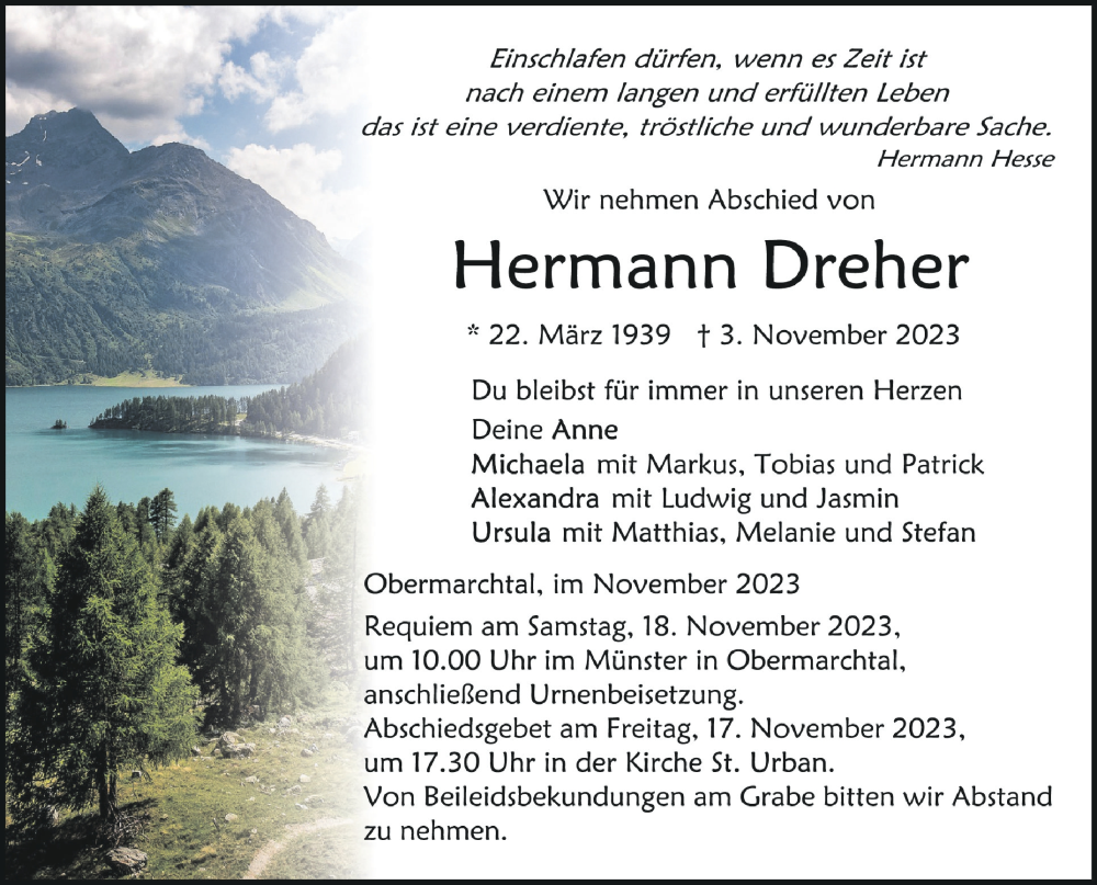  Traueranzeige für Hermann Dreher vom 15.11.2023 aus Schwäbische Zeitung
