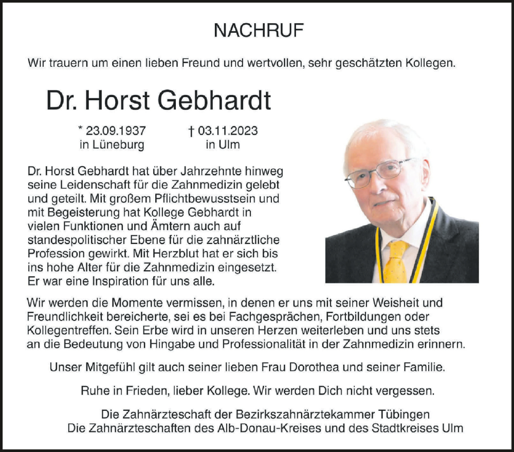  Traueranzeige für Horst Gebhardt vom 15.11.2023 aus Schwäbische Zeitung