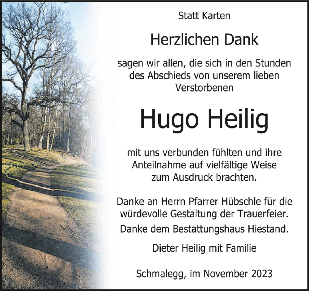  Traueranzeige für Hugo Heilig vom 11.11.2023 aus Schwäbische Zeitung