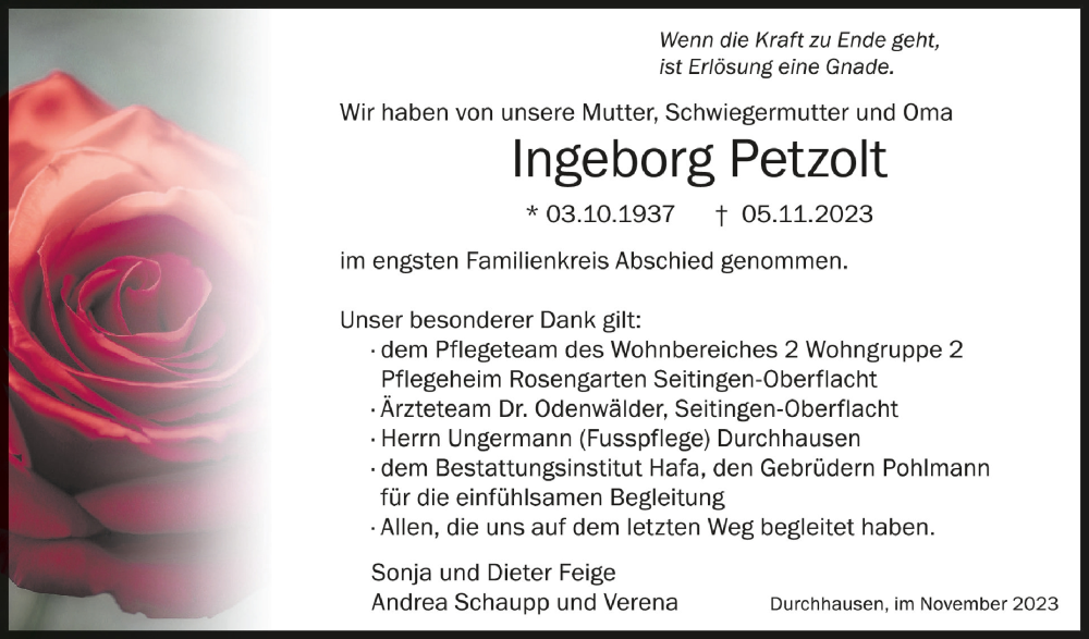  Traueranzeige für Ingeborg Petzolt vom 18.11.2023 aus Schwäbische Zeitung