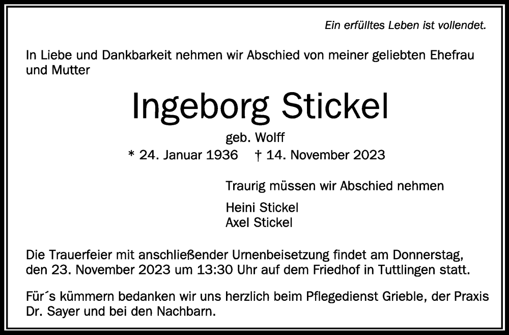  Traueranzeige für Ingeborg Stickel vom 18.11.2023 aus Schwäbische Zeitung