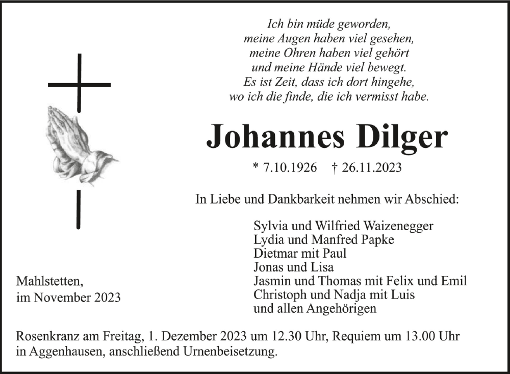  Traueranzeige für Johannes Dilger vom 29.11.2023 aus Schwäbische Zeitung