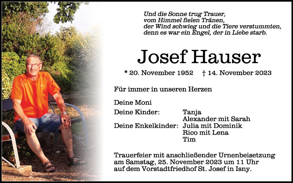  Traueranzeige für Josef Hauser vom 22.11.2023 aus Schwäbische Zeitung