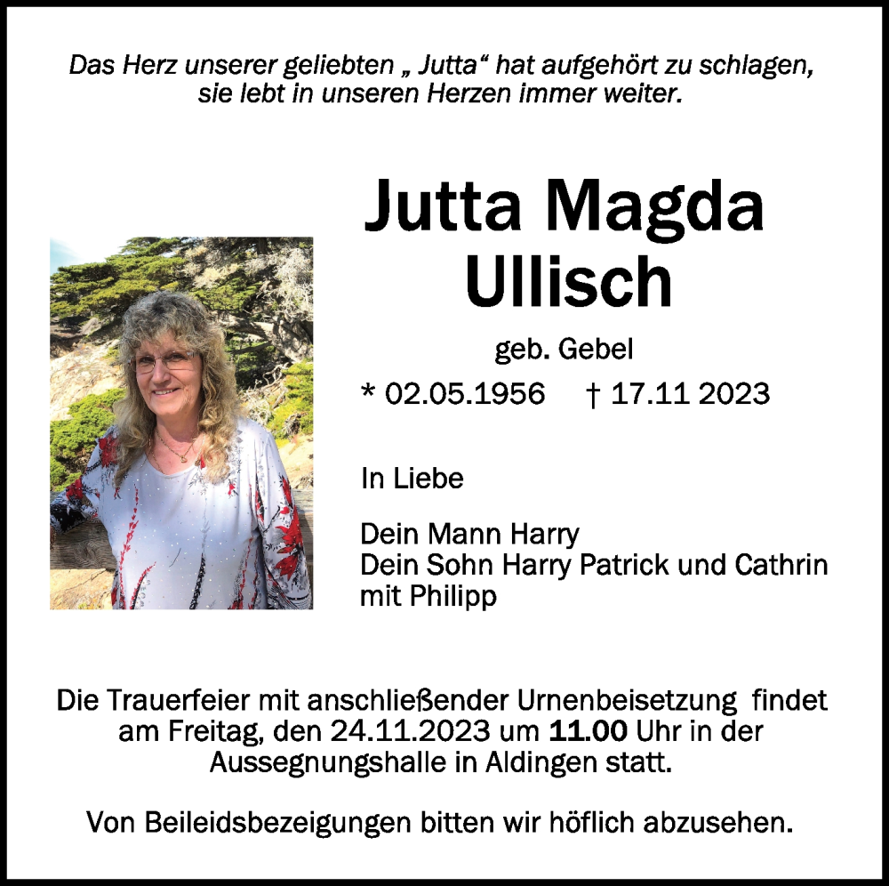  Traueranzeige für Jutta Magda Ullisch vom 22.11.2023 aus Schwäbische Zeitung