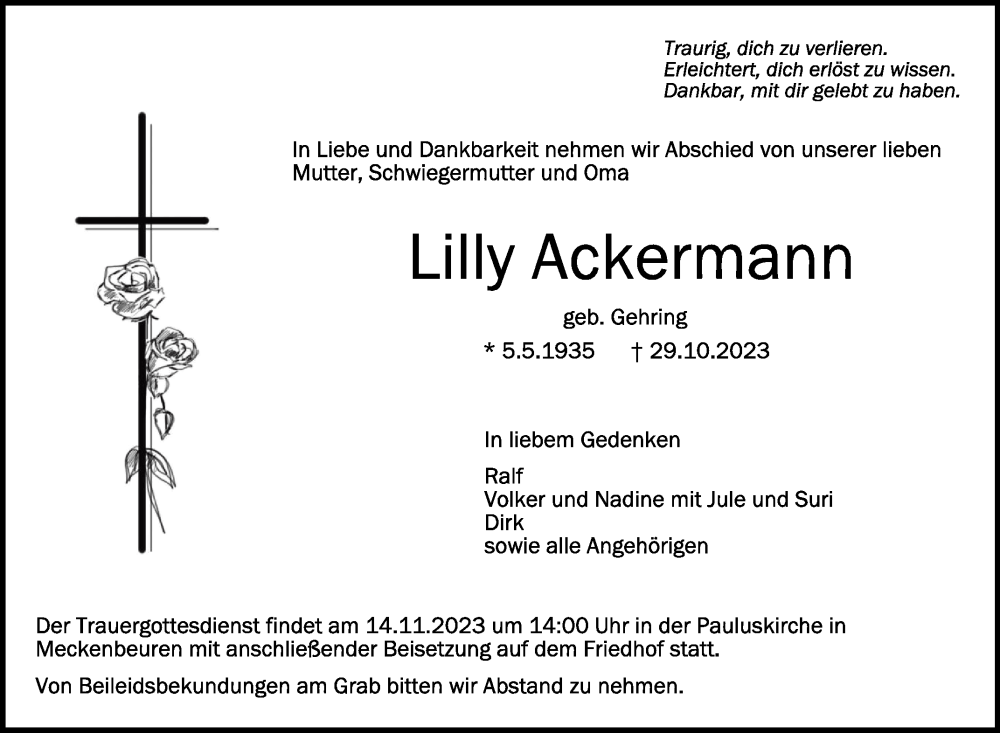  Traueranzeige für Lilly Ackermann vom 04.11.2023 aus Schwäbische Zeitung