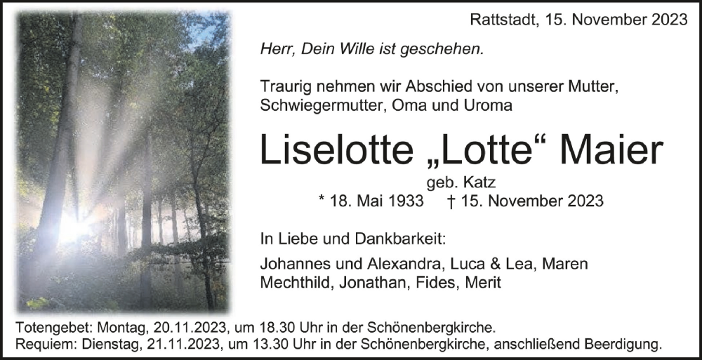  Traueranzeige für Liselotte  Maier vom 18.11.2023 aus Schwäbische Zeitung