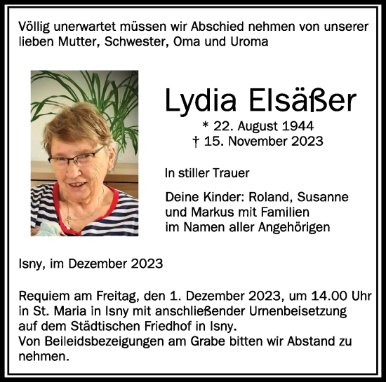 Traueranzeigen von Lydia Elsäßer schwaebische de Trauerportal