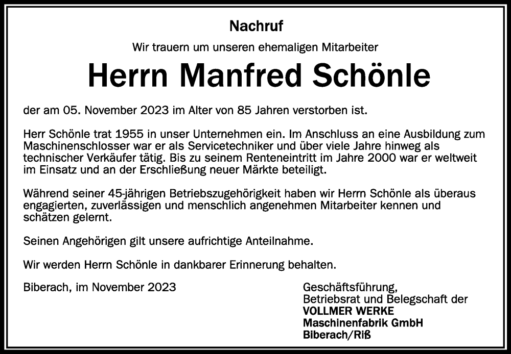  Traueranzeige für Manfred Schönle vom 11.11.2023 aus Schwäbische Zeitung