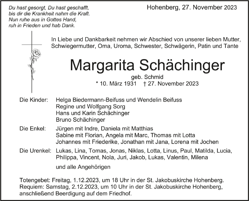  Traueranzeige für Margarita Schächinger vom 29.11.2023 aus Schwäbische Zeitung