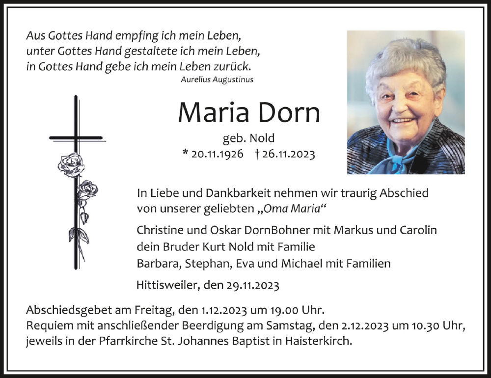  Traueranzeige für Maria Dorn vom 29.11.2023 aus Schwäbische Zeitung