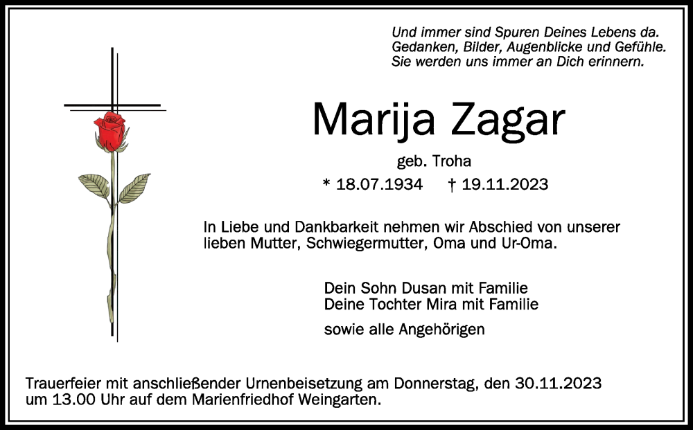  Traueranzeige für Marija Zagar vom 25.11.2023 aus Schwäbische Zeitung