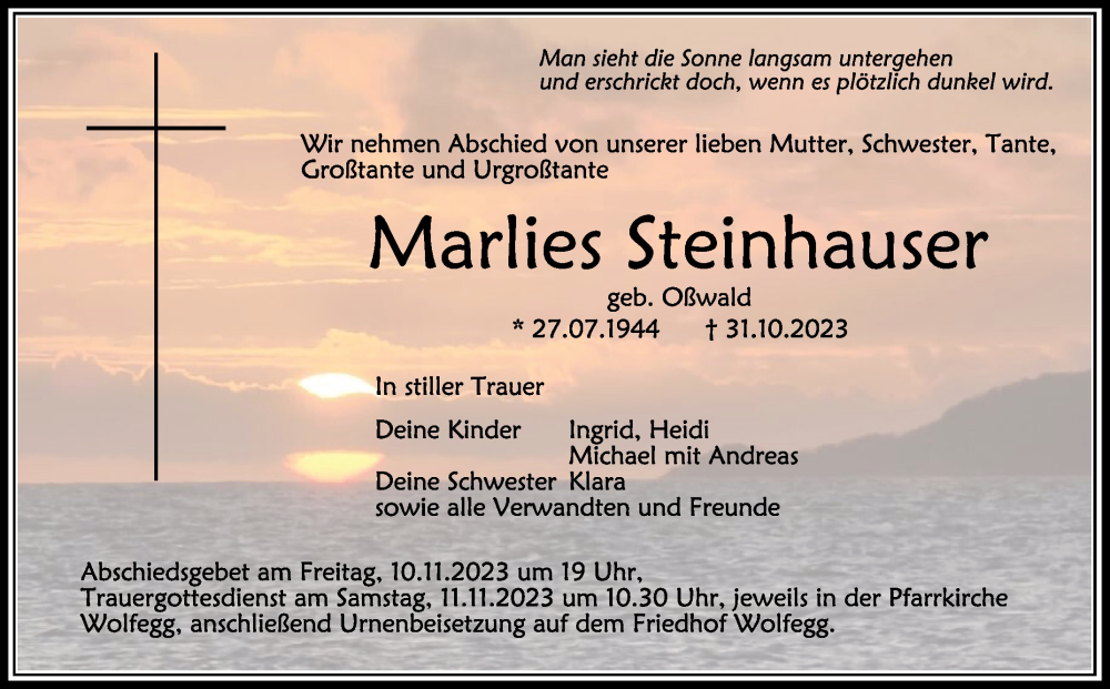  Traueranzeige für Marlies Steinhauser vom 08.11.2023 aus Schwäbische Zeitung