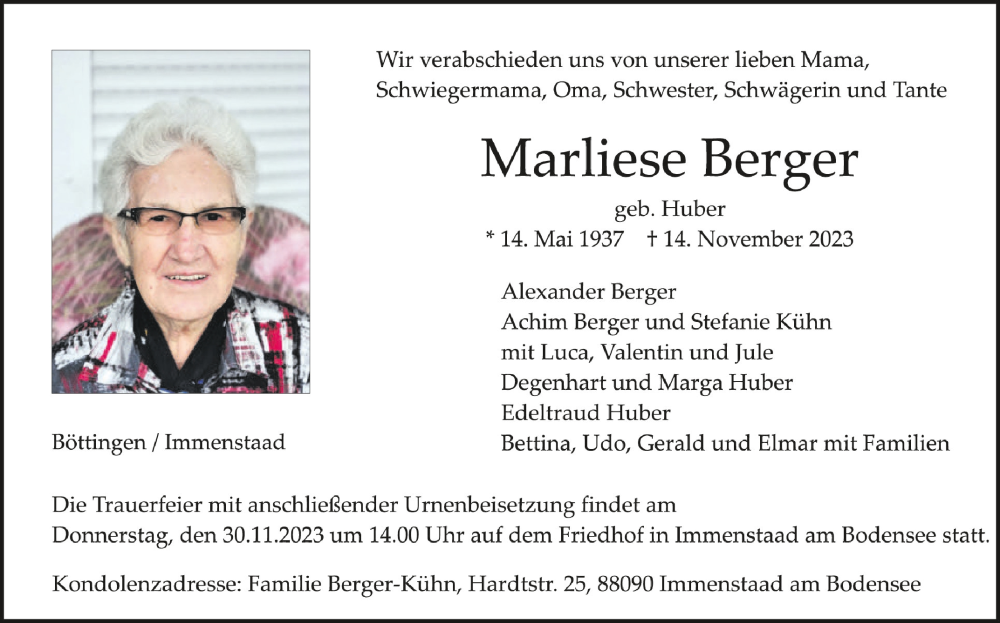  Traueranzeige für Marliese Berger vom 18.11.2023 aus Schwäbische Zeitung