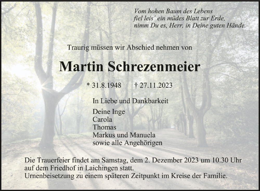  Traueranzeige für Martin Schrezenmeier vom 30.11.2023 aus Schwäbische Zeitung