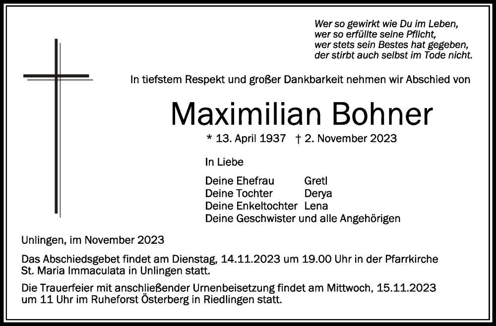  Traueranzeige für Maximilian Bohner vom 11.11.2023 aus Schwäbische Zeitung