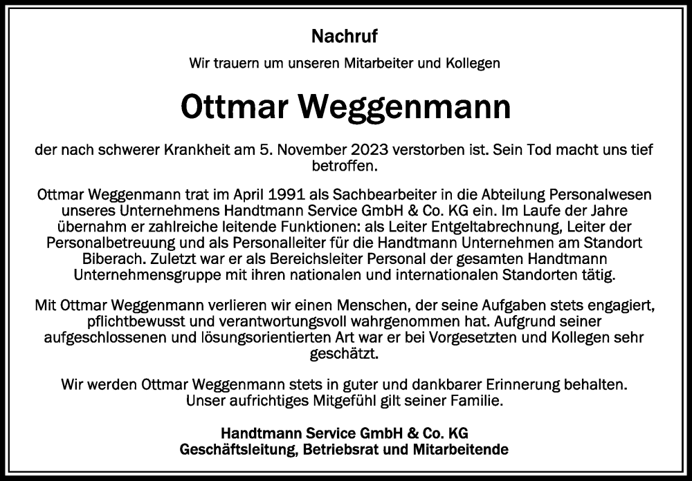  Traueranzeige für Ottmar Weggenmann vom 18.11.2023 aus Schwäbische Zeitung